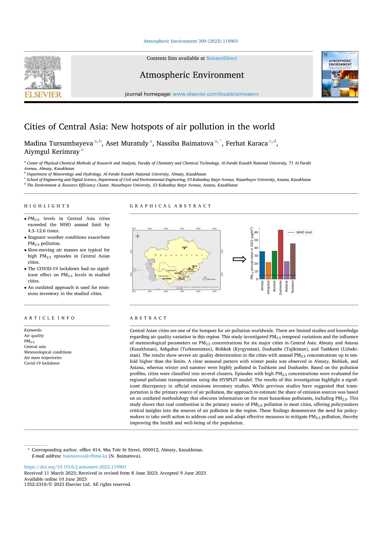 "Cities of Central Asia: New hotspots of air pollution in the world" атты мақала жарияланды