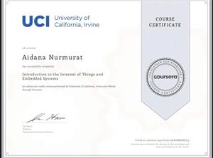 THE TEACHER OF THE DEPARTMENT OF AI AND BD NURMURAT AIDANA SHAYKHYSLAMOVNA RECEIVED A COUSERA CERTIFICATE FROM THE UNIVERSITY OF CALIFORNIA