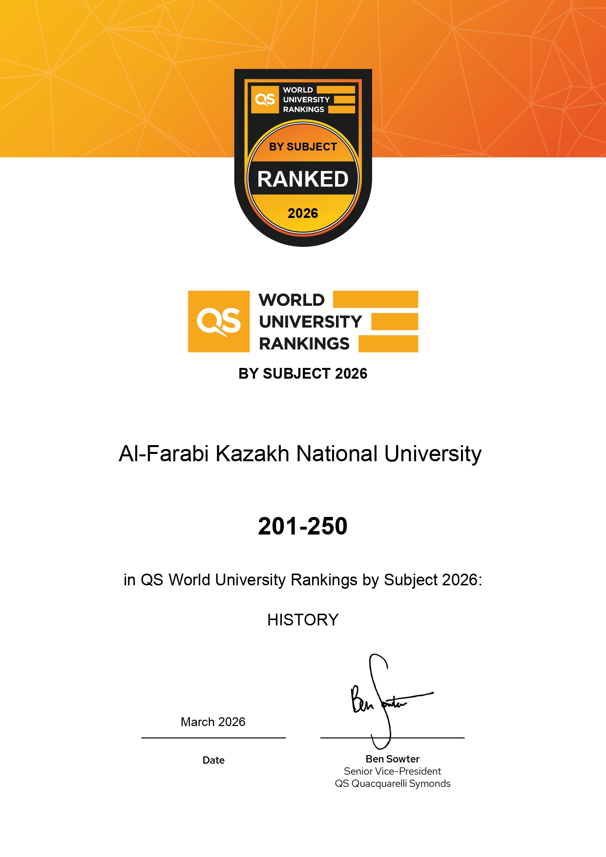 Excellence in History Education: Al-Farabi Kazakh National University Strengthens Positions in QS Global Rankings