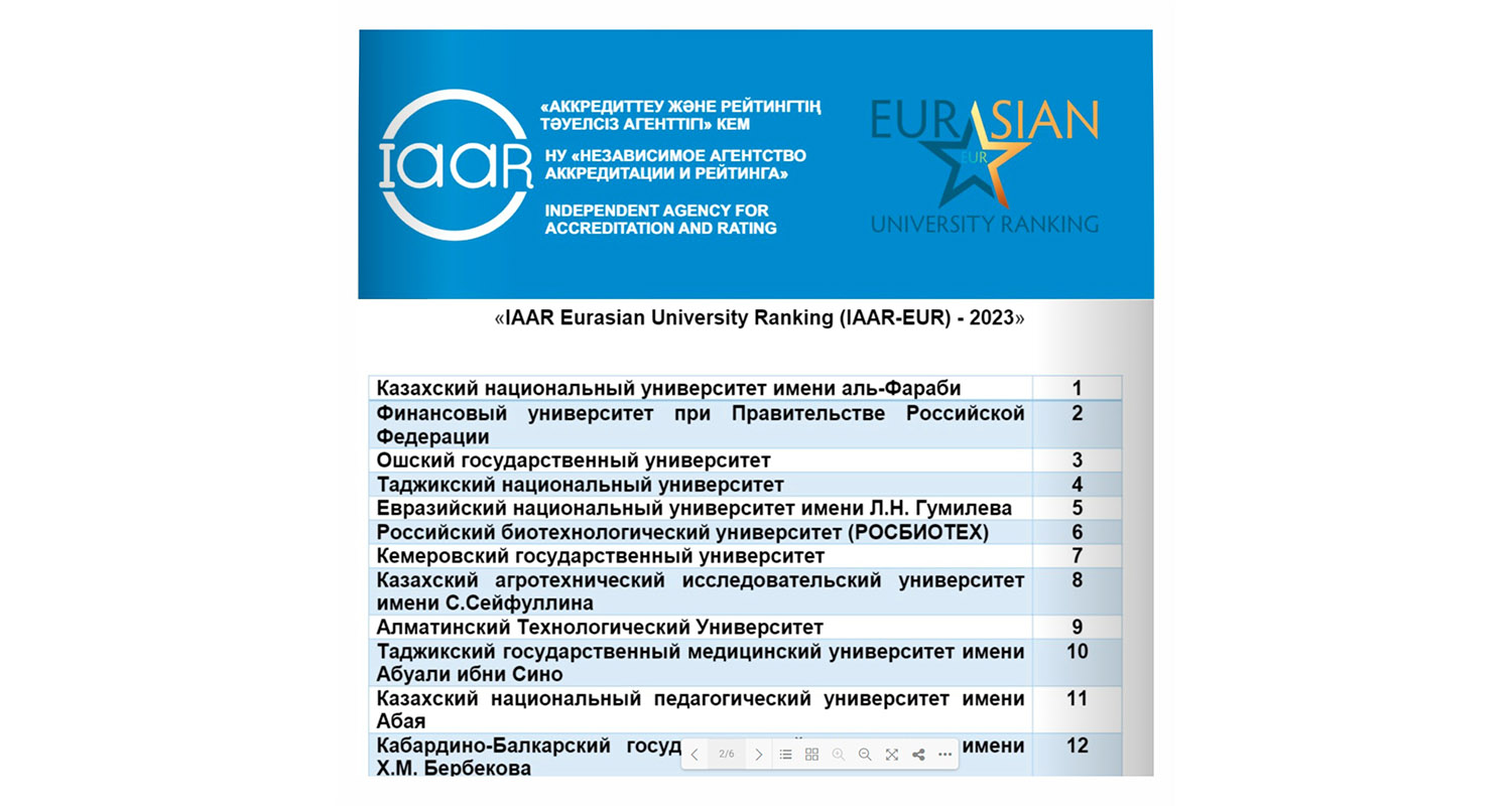 КАЗНУ – ЛИДЕР В МЕЖДУНАРОДНОМ РЕЙТИНГЕ IAAR EURASIAN UNIVERSITY RANKING 2023